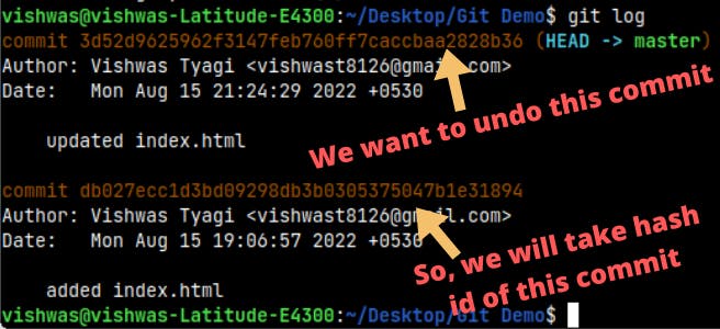 Screenshot showing the commit hash id