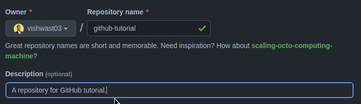 New repository name and description input fields