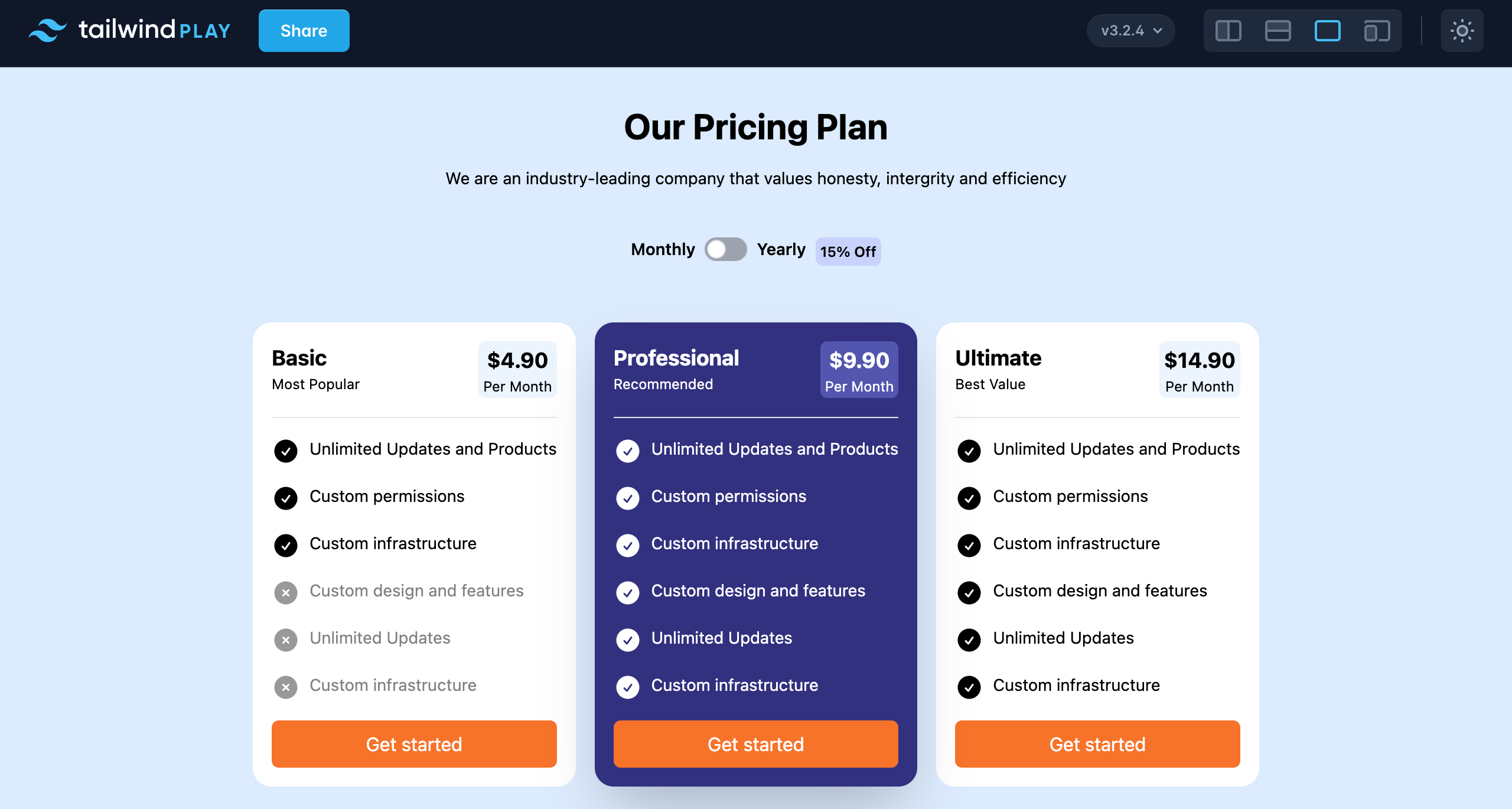 Responsive Pricing page made in Tailwind CSS