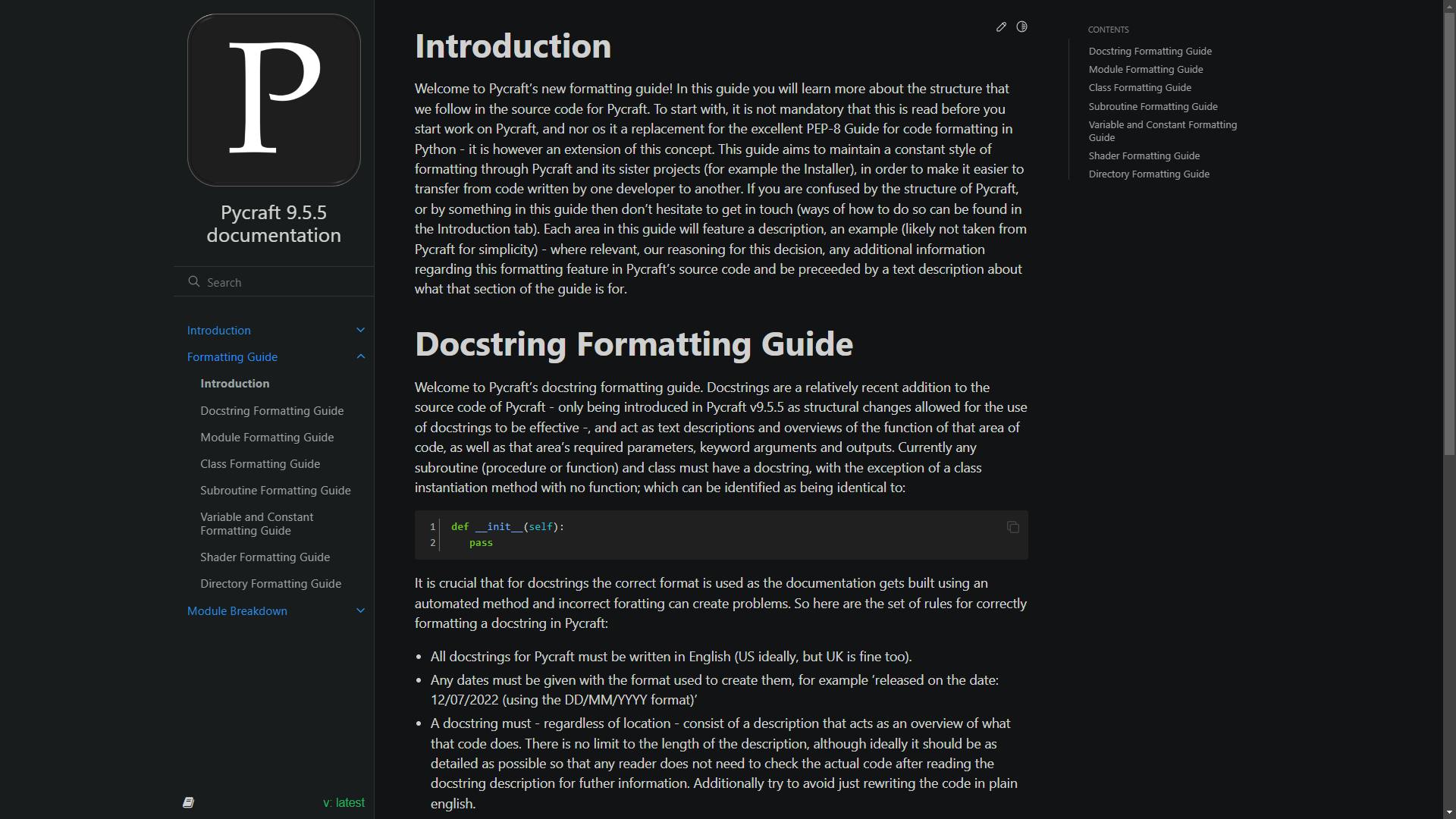 The new formatting guide for Pycraft