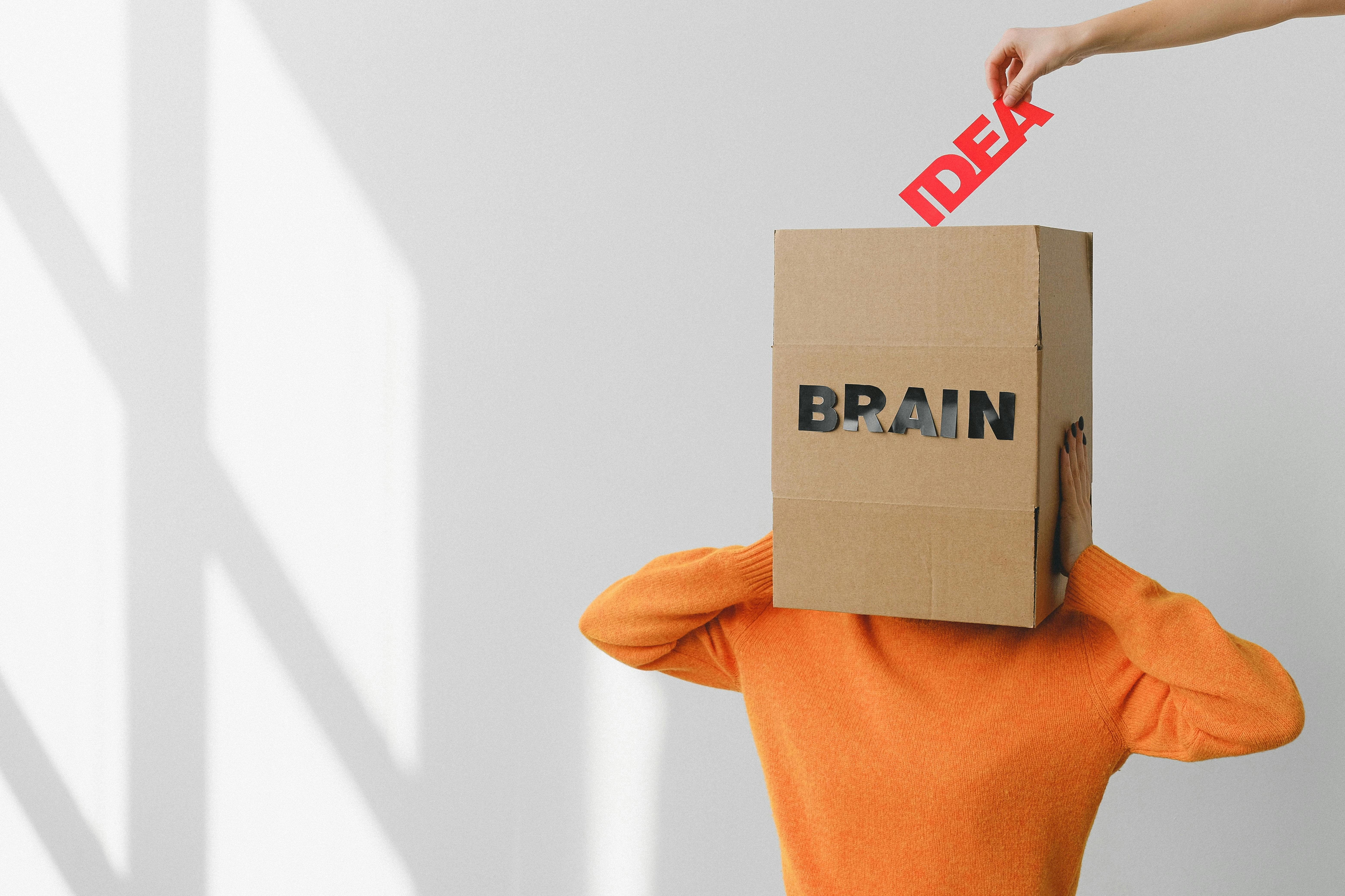 A cut out of text that says "idea" placed into the open top of a box labeled as "brain" being worn by a person.