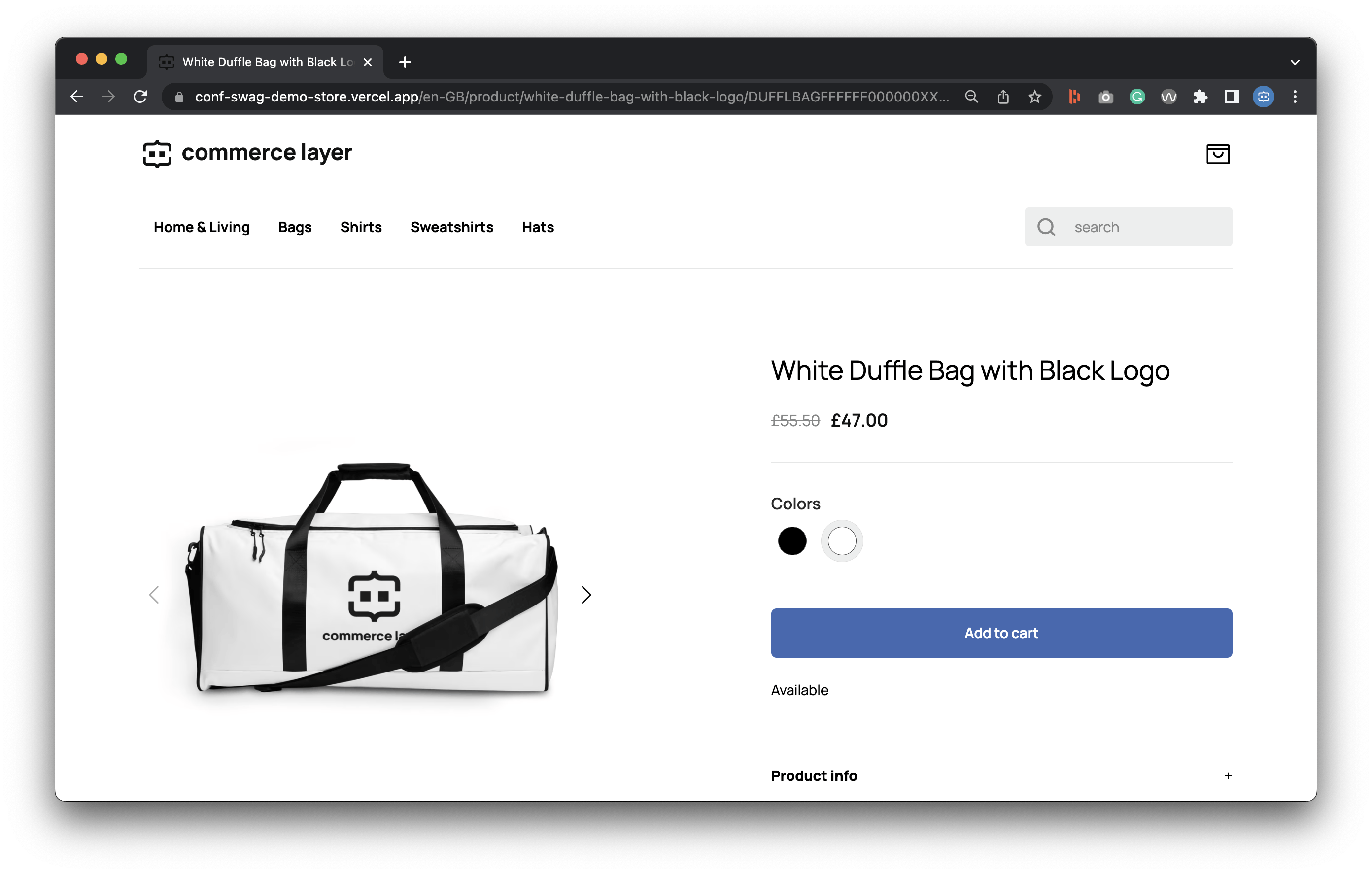 A screenshot of the demo store's product page