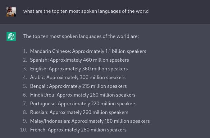 Image showing how i used ChatGPT to give me the top 10 languages of the world.