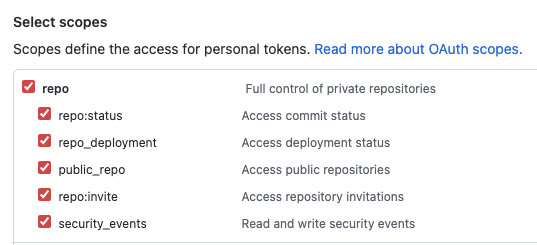 Scopes for a personal token in Github settings