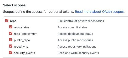 Scopes for a personal token in Github settings