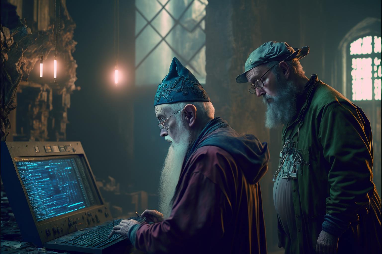 Midjourney prompt : wizard working with tim berners lee to develop HTTP in a ruined building, operating with servers, Unreal Engine, beautiful color grading, 4K