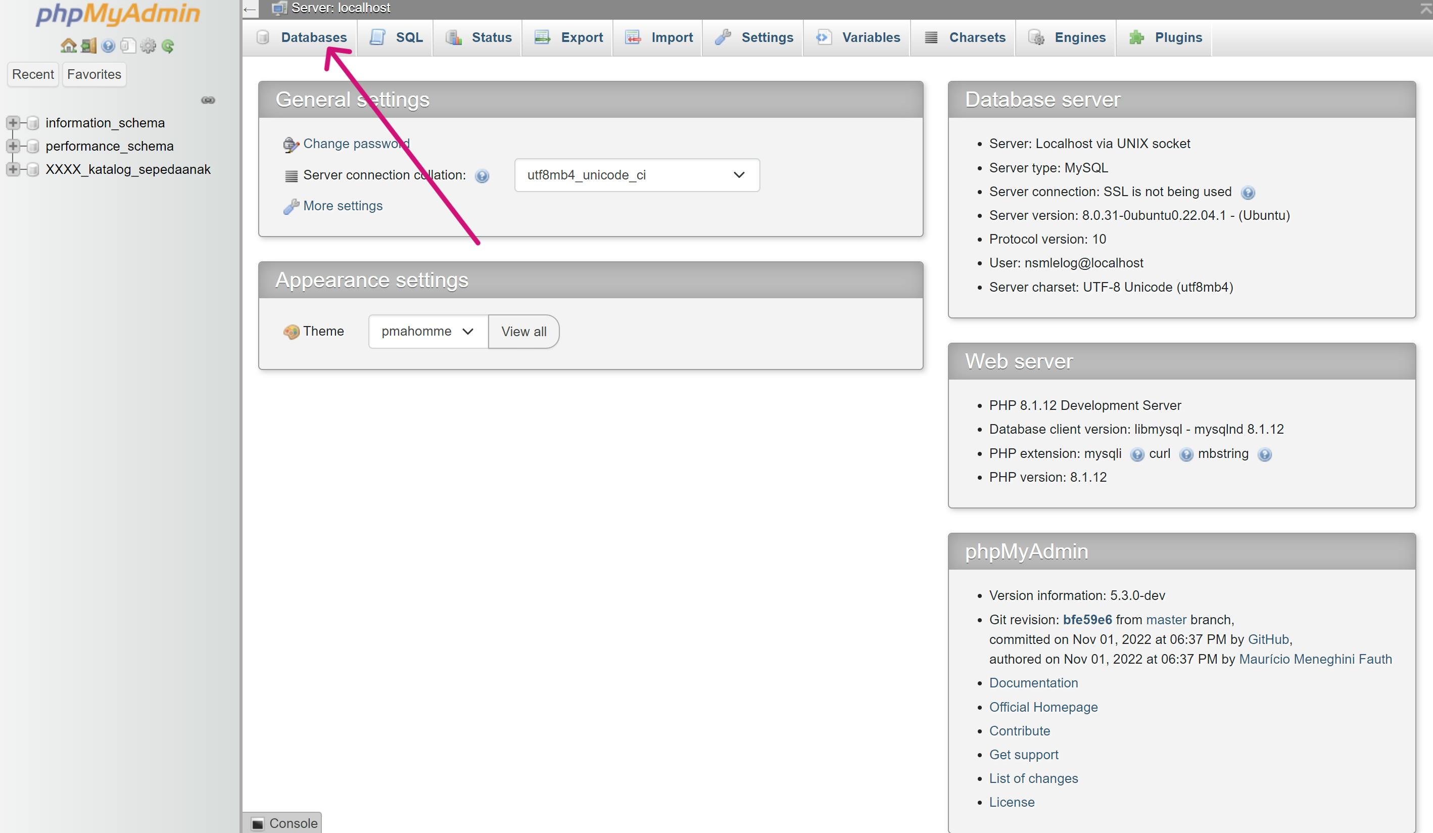 Klik Databases pada top bar halaman phpMyAdmin