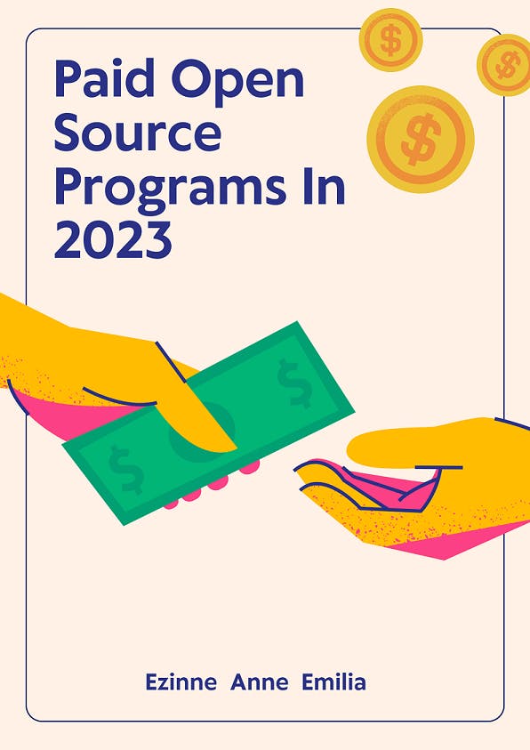 The text "paid open source programs" is written. There are two hands and one hand is giving money to the other hand. The author's name is written beneath.