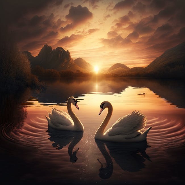 The sun is setting over a lake, and two swans glide serenely across its surface.