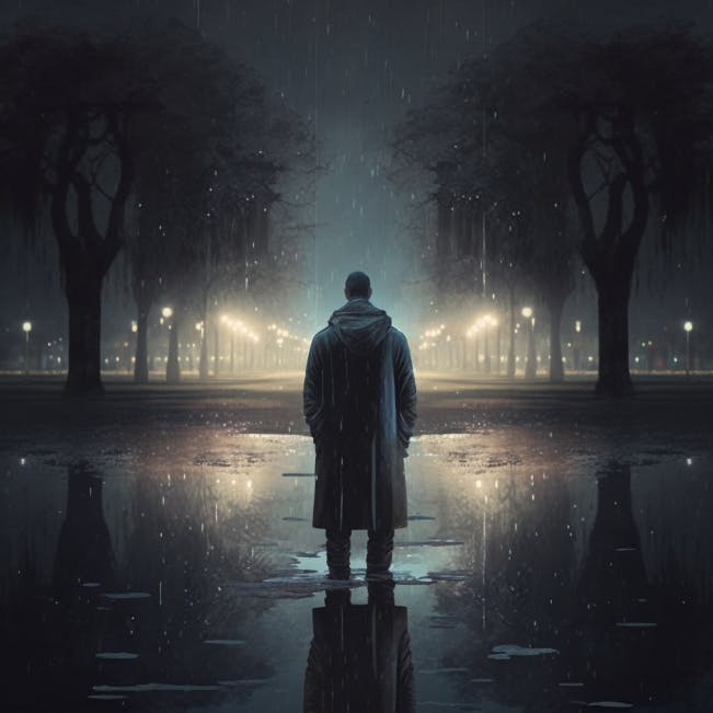 A lone figure in the rain, standing in the empty park with tears streaming down their face.