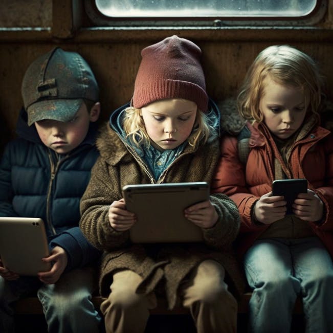 The children are completely absorbed in their screens, oblivious to the world around them.