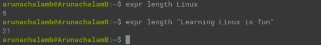 expr length command showing the number of characters in the given text