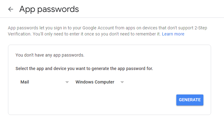 Google App Password Page