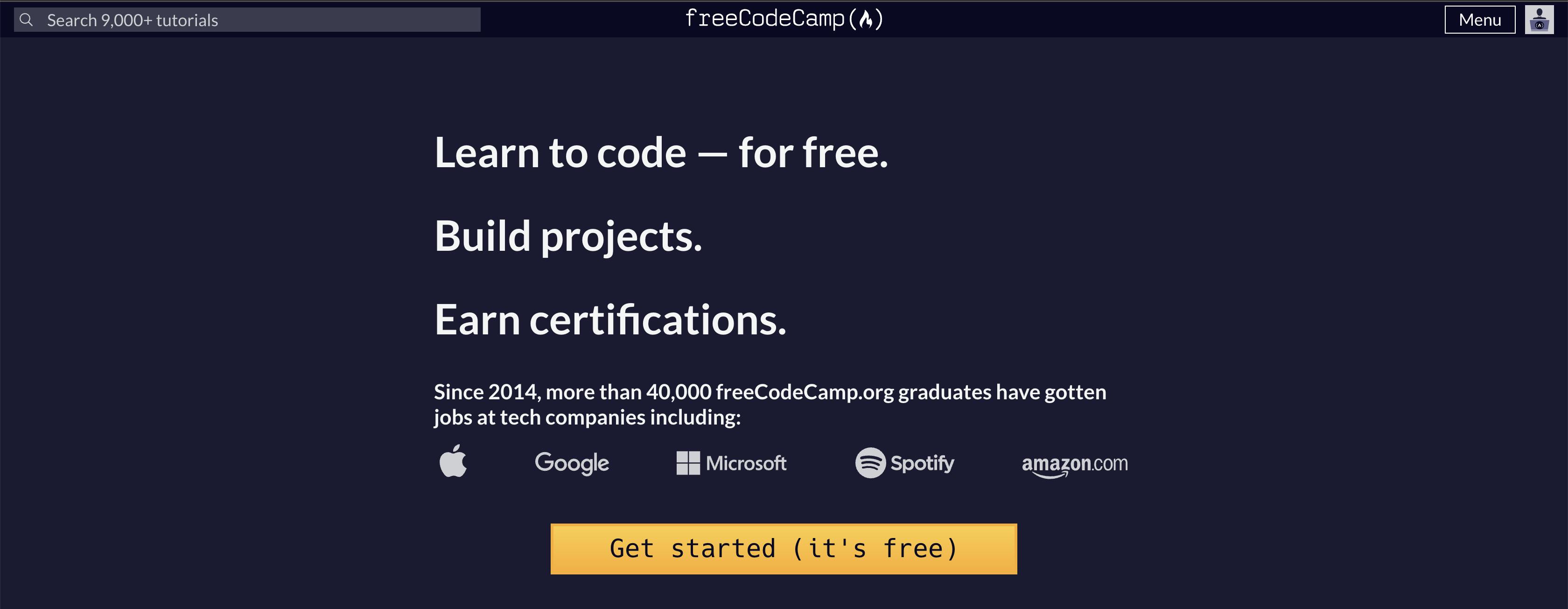 screenshot of the freeCodeCamp.org homepage