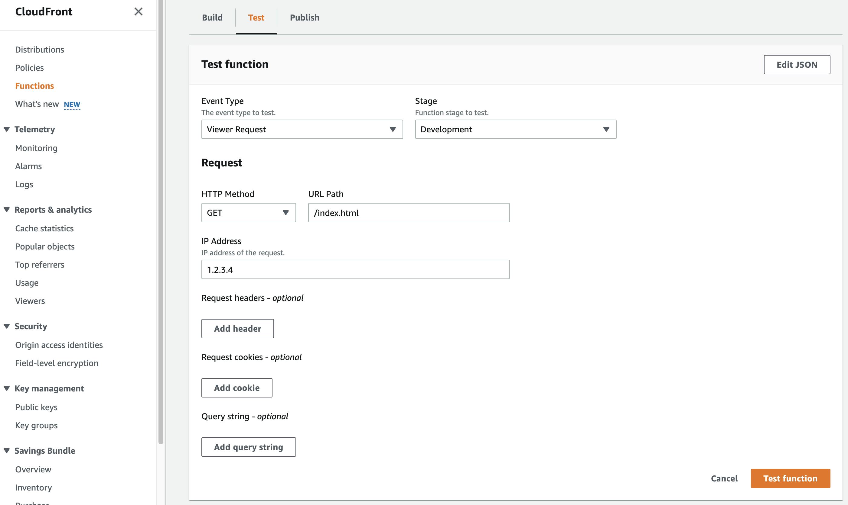 Testing CloudFront Functions from AWS Console