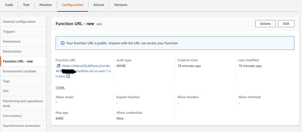 Function URL configurations on AWS Console
