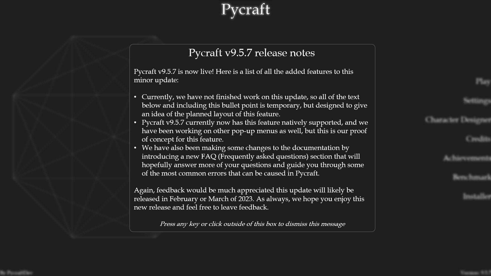 Pycraft's new update notes pop-up with temporary text