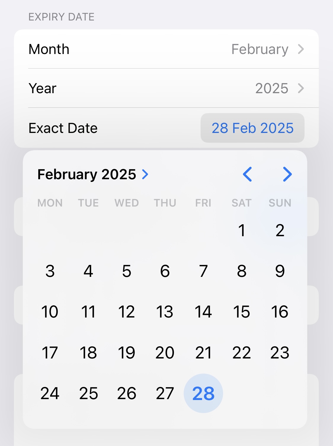 A date picker to select an exact expiry date.