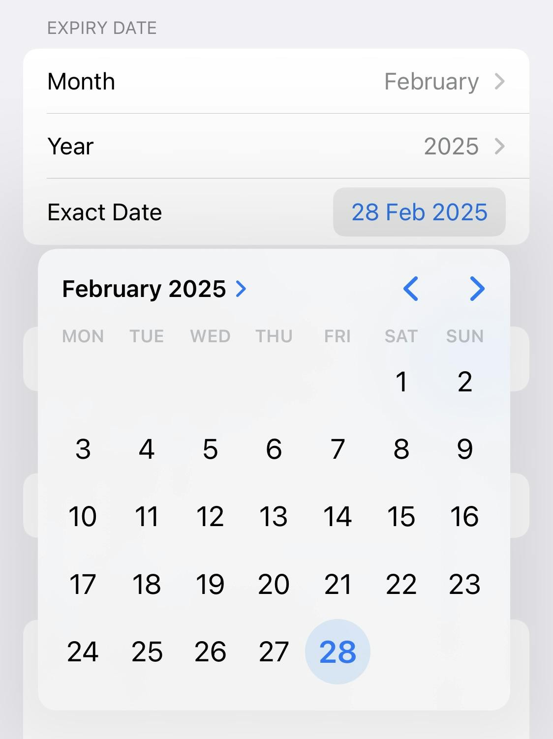 A date picker to select an exact expiry date.