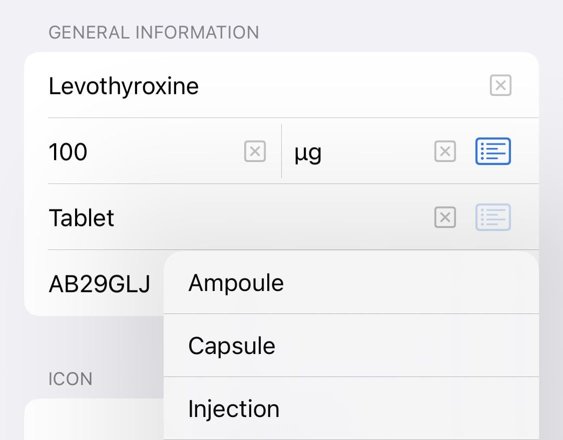 Selecting a medication type on the edit item page.
