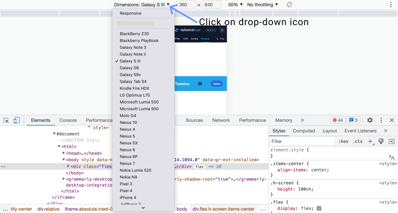 Clicking drop-down arrow in Chrome Dev Tools to view devices to test on