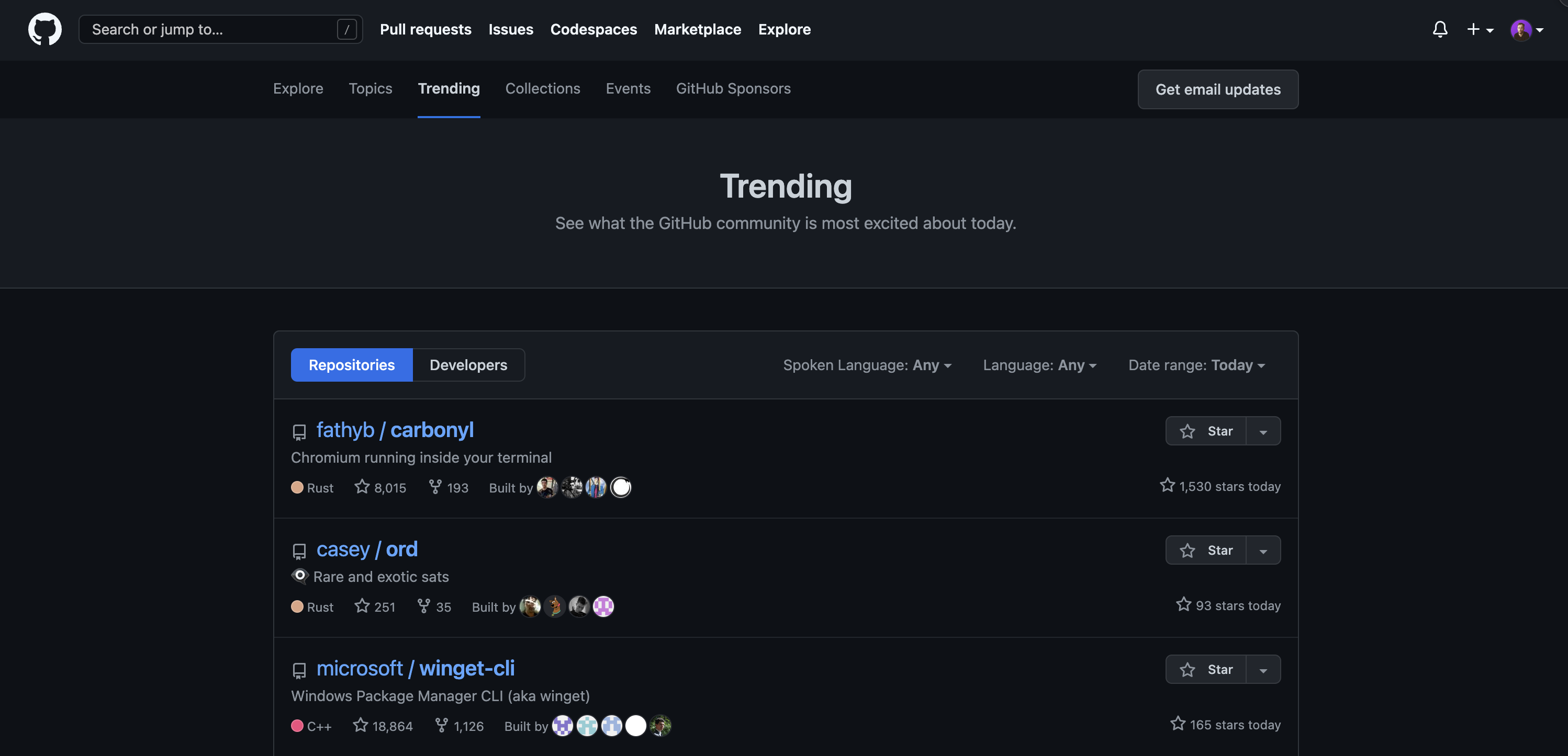 GitHub trending section