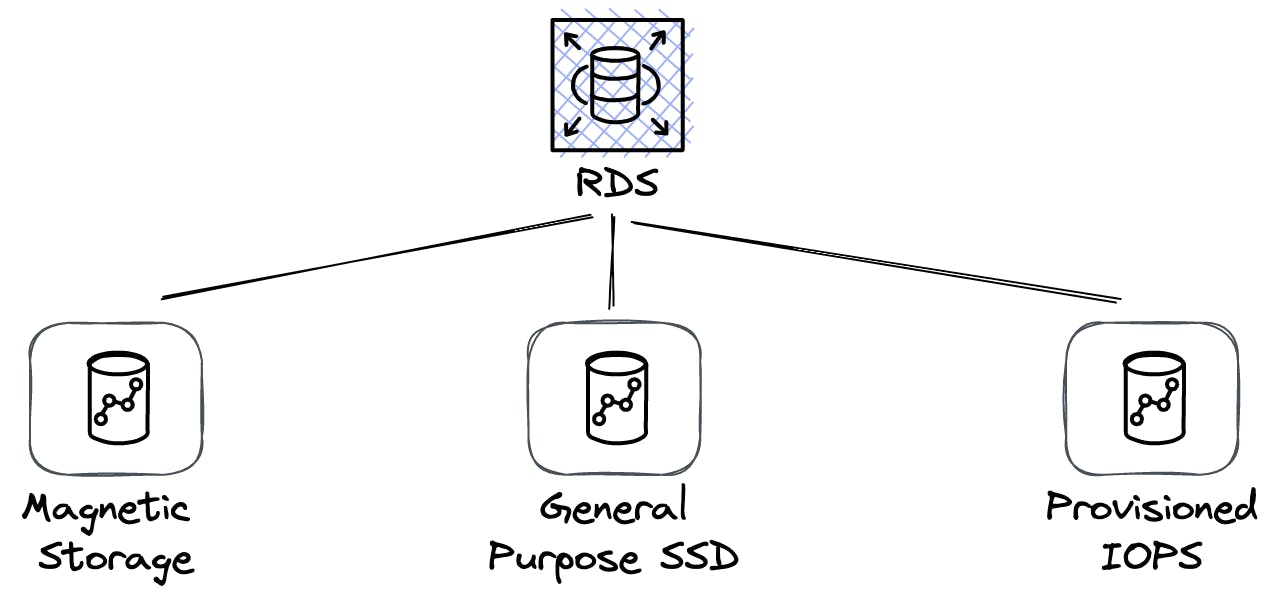 AWS RDS supports three different storage options