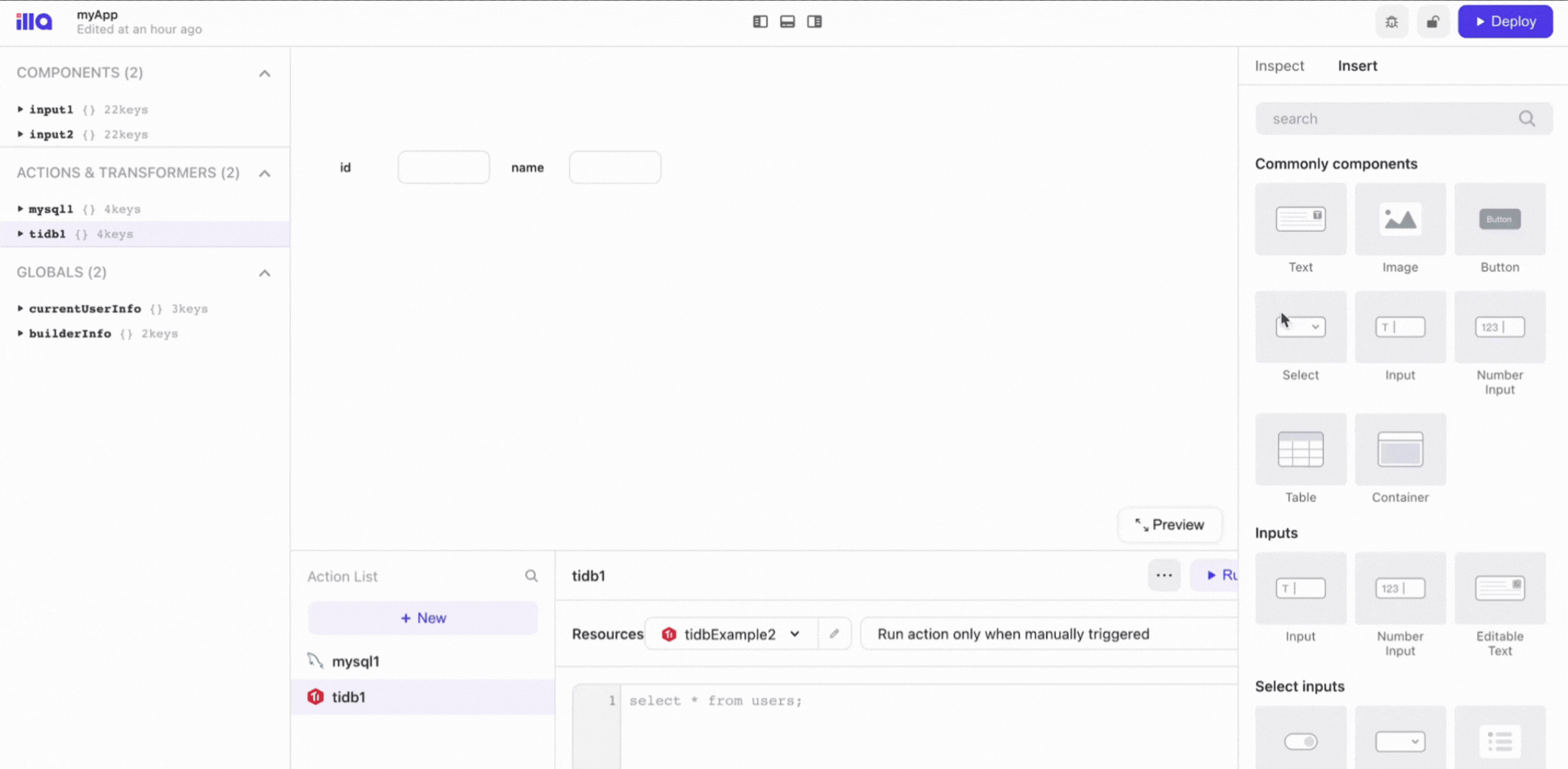 Under the component inspect panel on the right, select and drag the “text” and “input” components to the canvas in the middle.