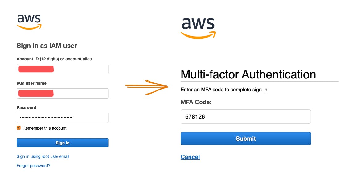 Logging into the AWS console with an assigned MFA.