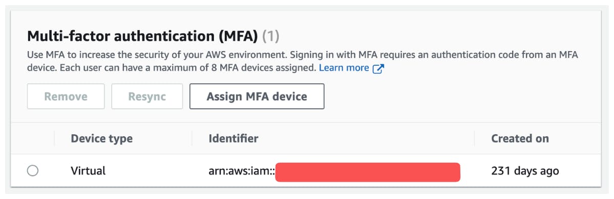 The list of assigned MFA devices to your IAM or root user.