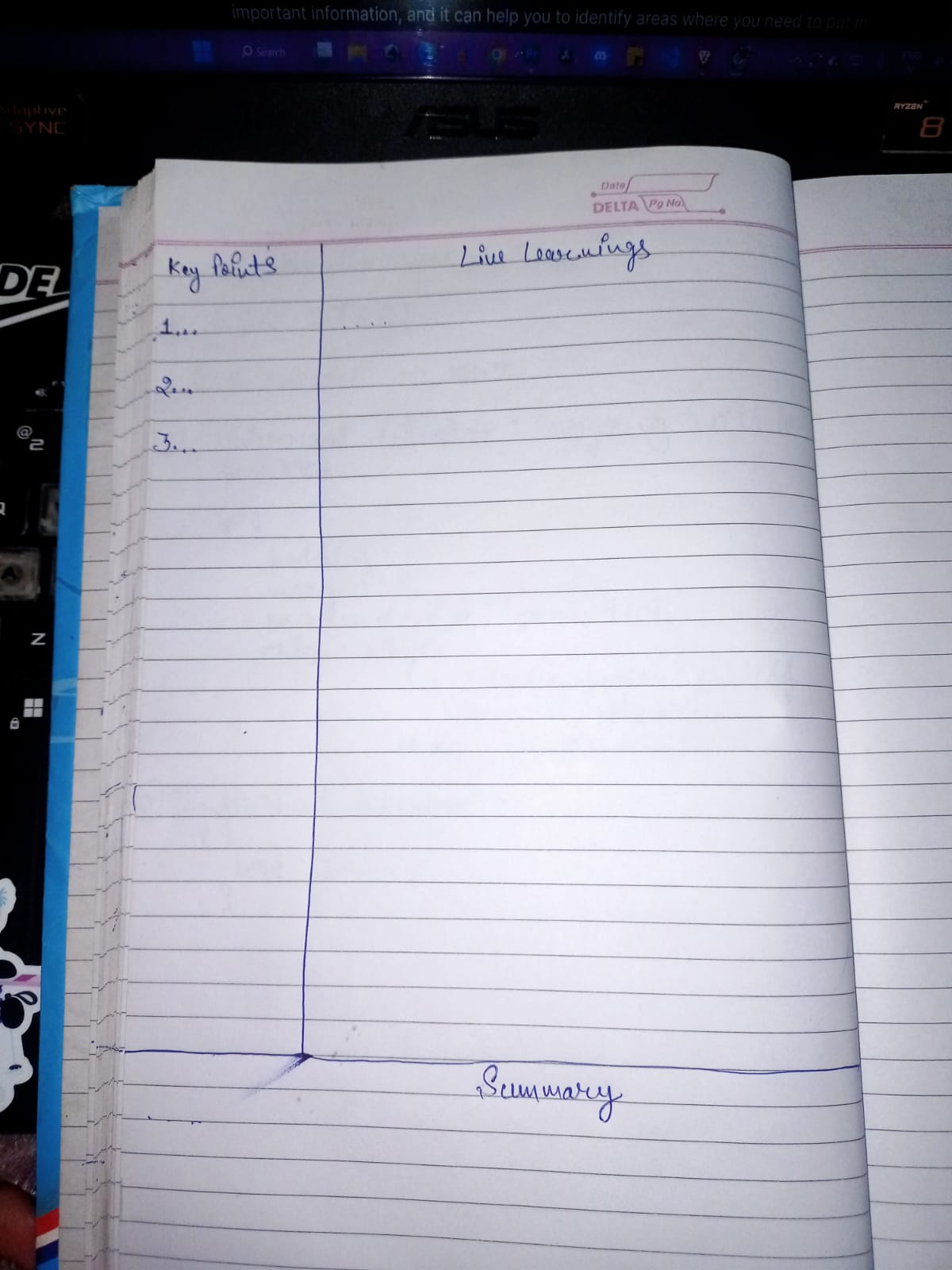 A notebook page with 3 sections. Live Learnings. Key Insights. Summary