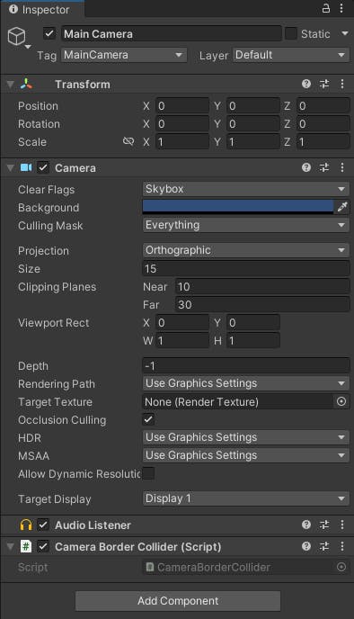 Screenshot of the inspector tab in Unity editor with the Main Camera GameObject selected. It shows the Transform, Camera, Audio Listener and script components attached to it.
