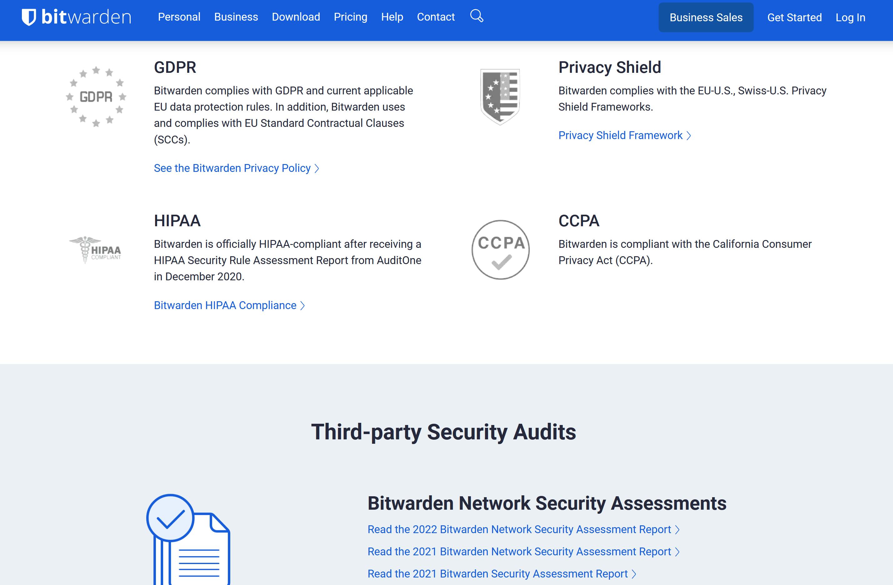 Bitwarden is complied with multiple regulations such as GDPR, and HIPAA.