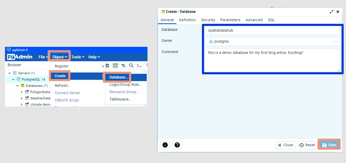 how to create databse on pgadmin