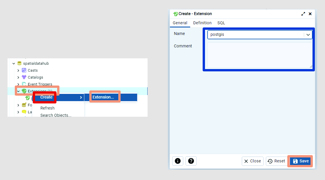 create spatial extension (postgis) using pgadmin