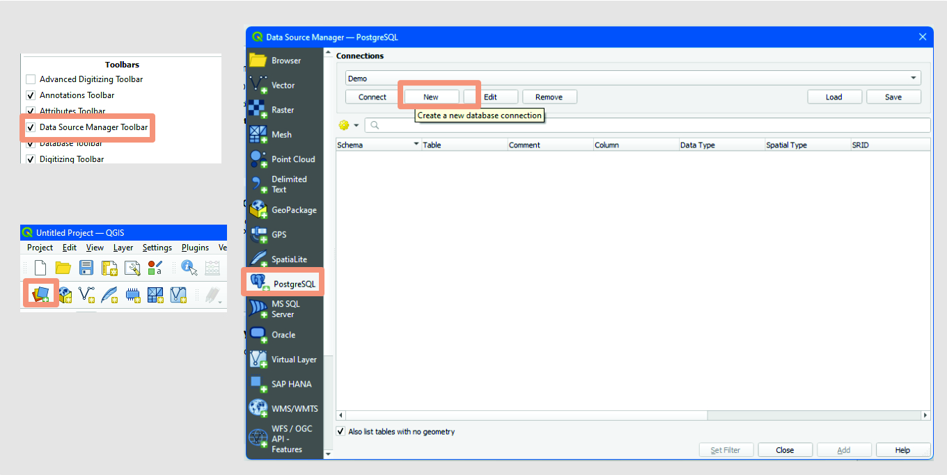 create a new PostGIS connection on QGIS using Data source manager tool