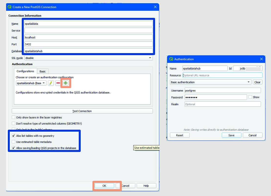 create postgis connection, set host, port, configuration