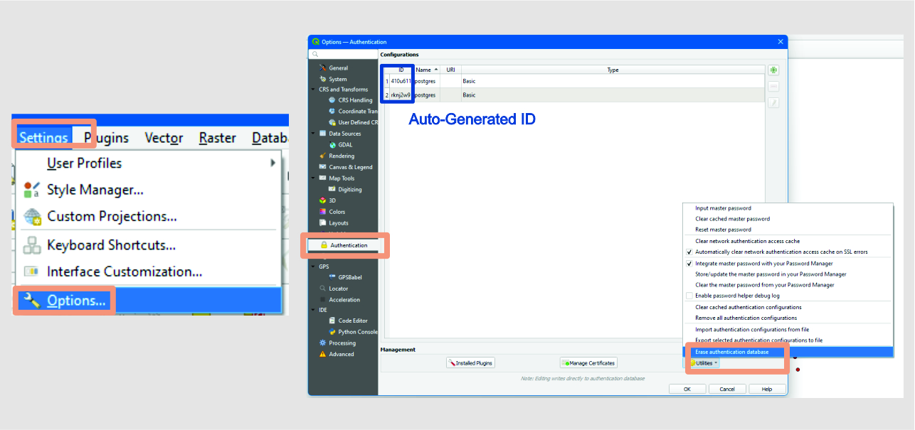 edit and delete authentication configuration in QGIS settings 