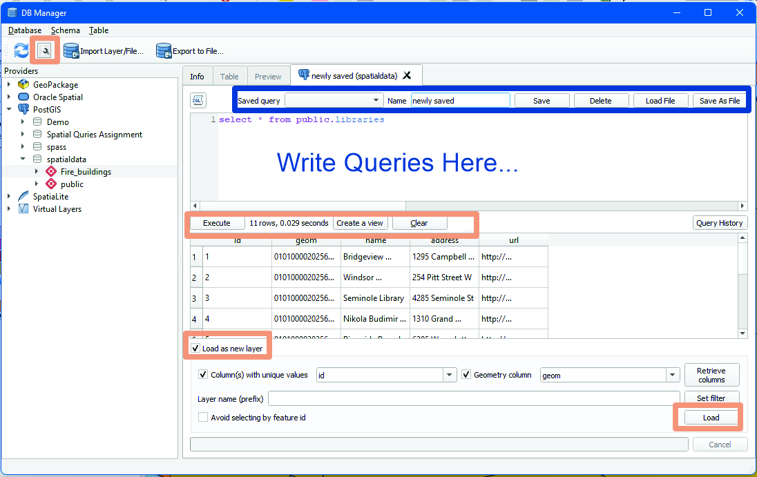 write SQL queries in db manager tool on qgis