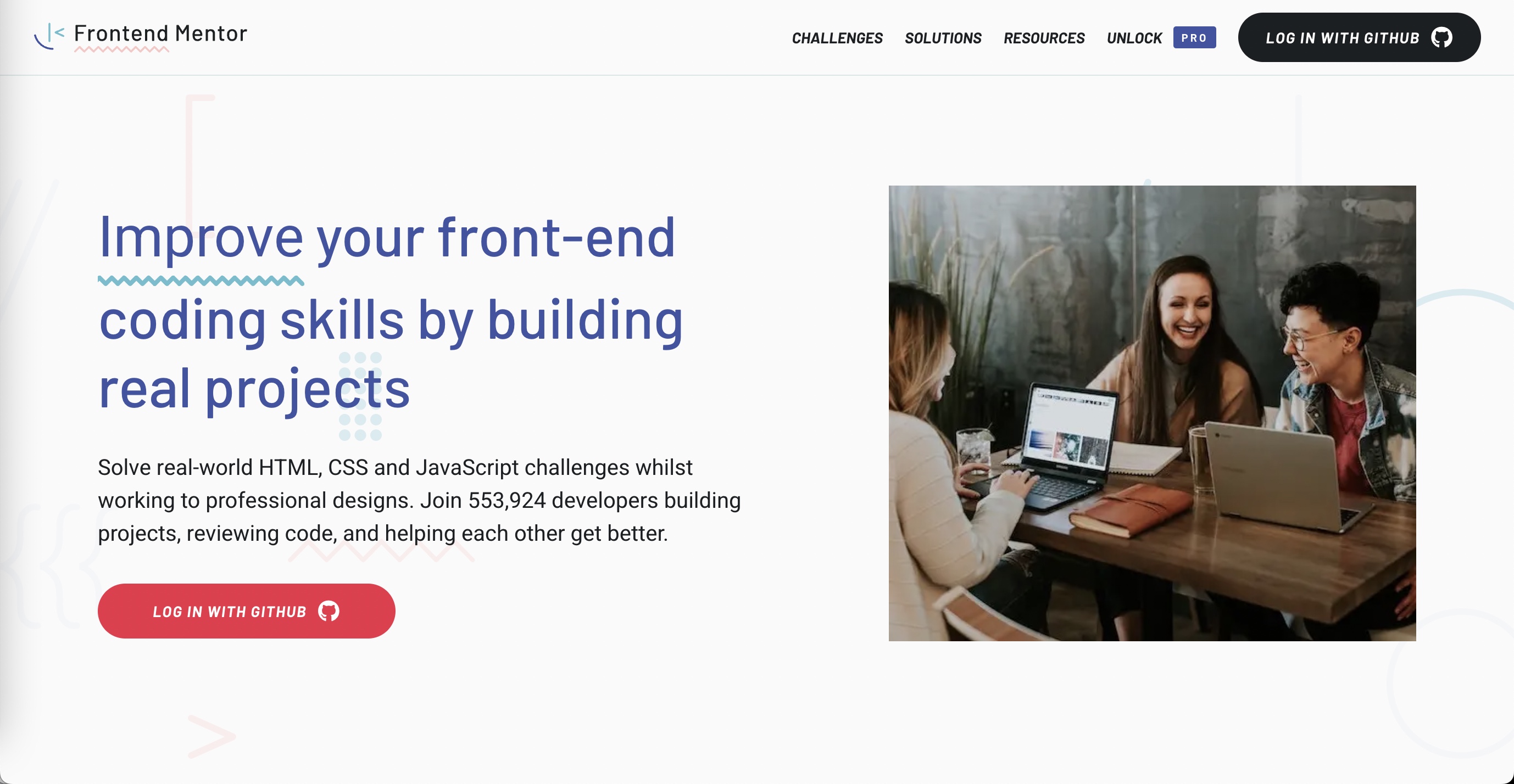 Frontend Mentor home page. Improve your front-end coding skills by building real projects