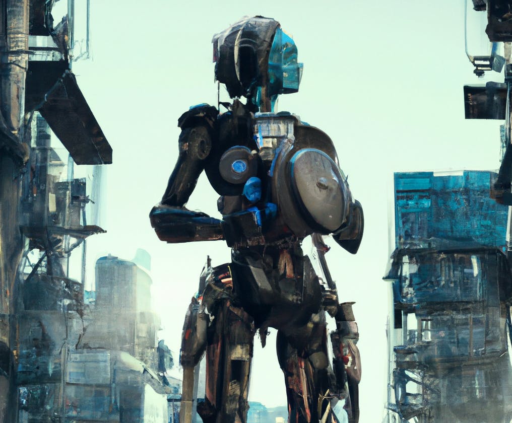 DALL-E generated art of a robot standing in a post apocalyptic world