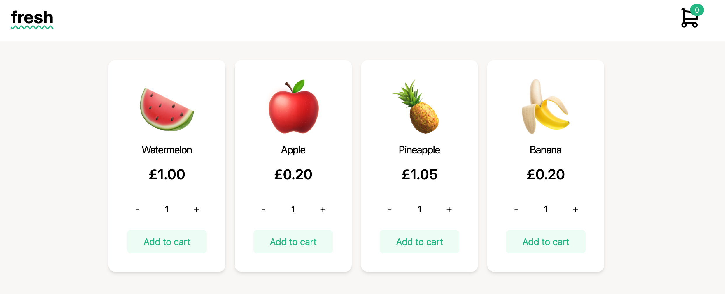 A screenshot of the fruit shop. Now the prices of the products are displaying correctly: 1.00, 0.20, 1.05, 0.20