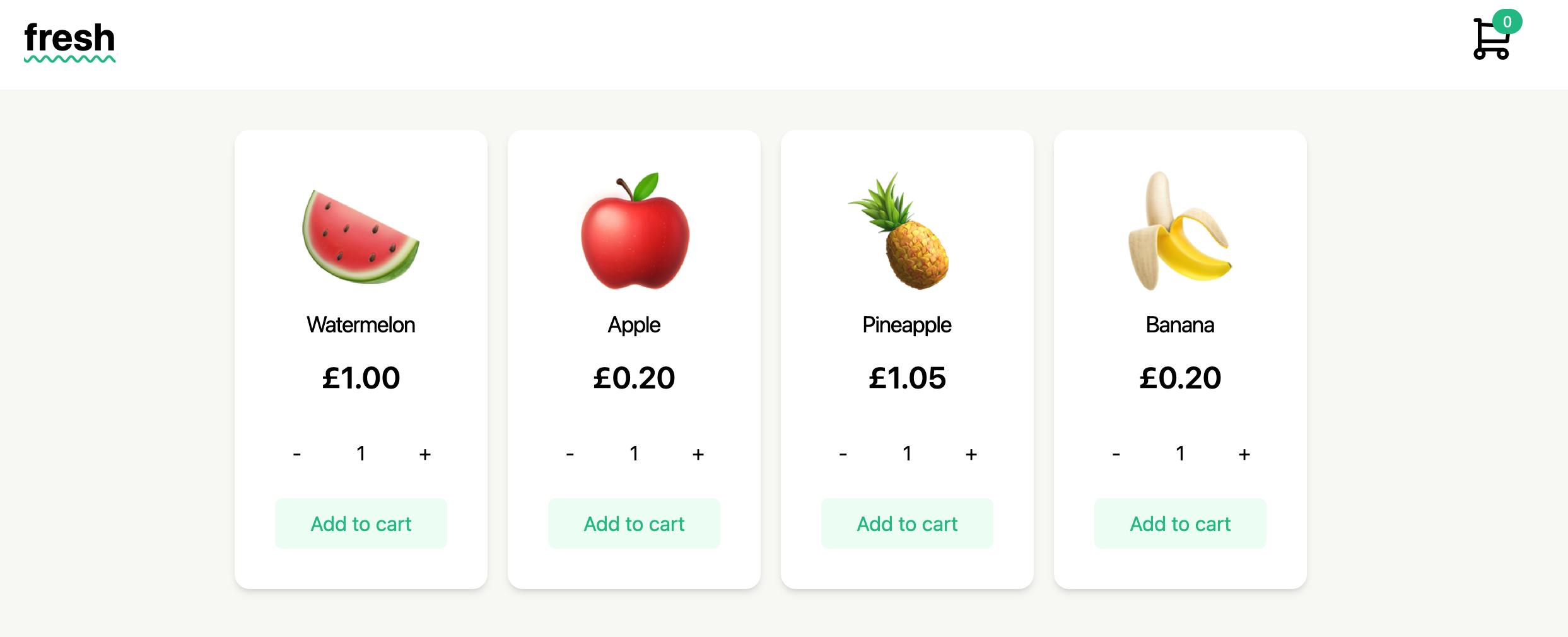 A screenshot of the fruit shop. Now the prices of the products are displaying correctly: £1.00, £0.20, £1.05, £0.20