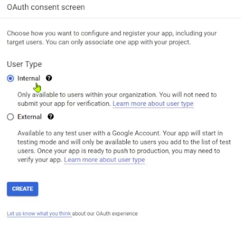 Choose an internal user type to create Google Cloud Platform consent screen for the Bitwarden Enterprise project.
