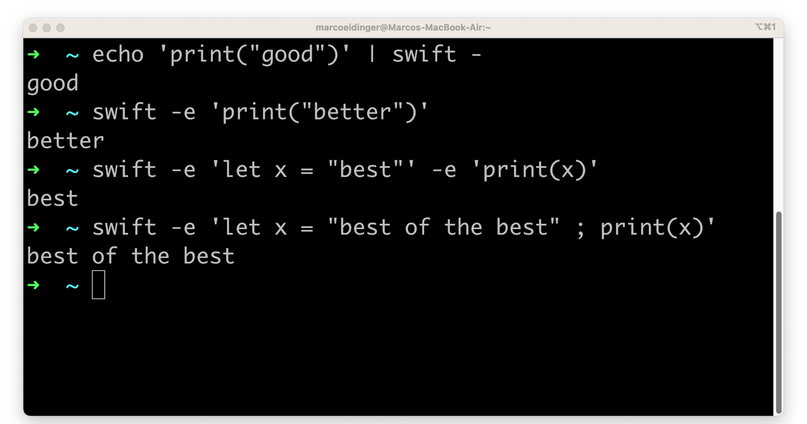 swift -e runs code directly from the command line