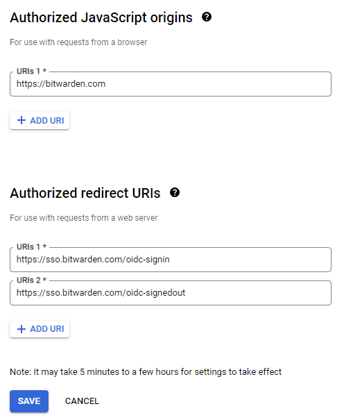 Set up proper JavaScript origins and redirect URIs for the OAuth client ID.