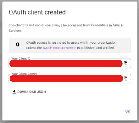 Google Cloud Platform OAuth client is successfully created.
