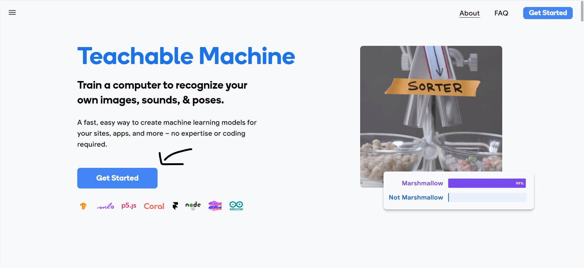 Teachable Machine's website with a arrow next to the "Get started" button