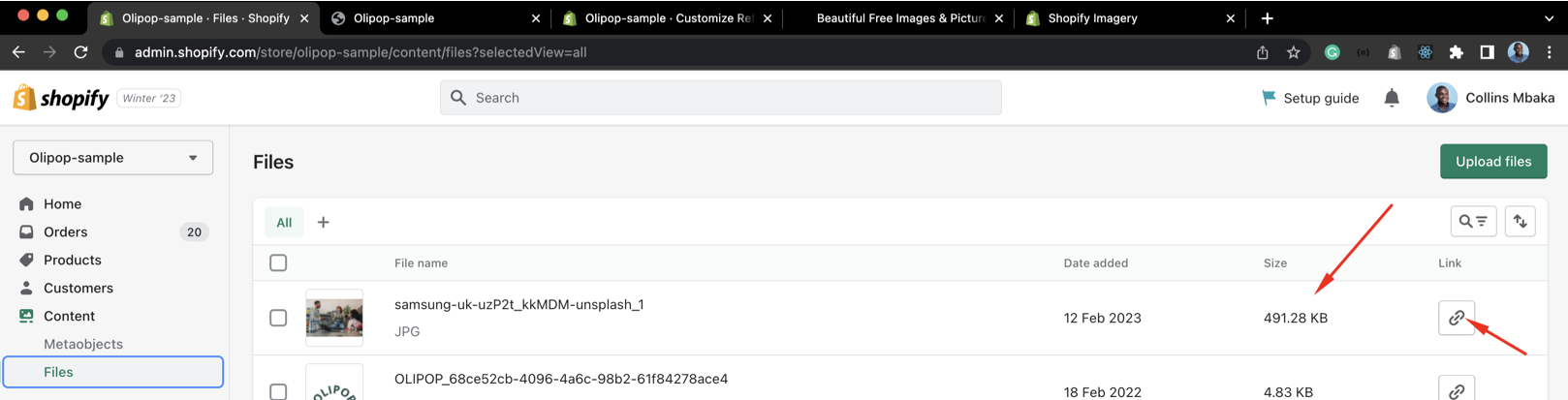 image showing the size of file uploaded to Shopify cdn