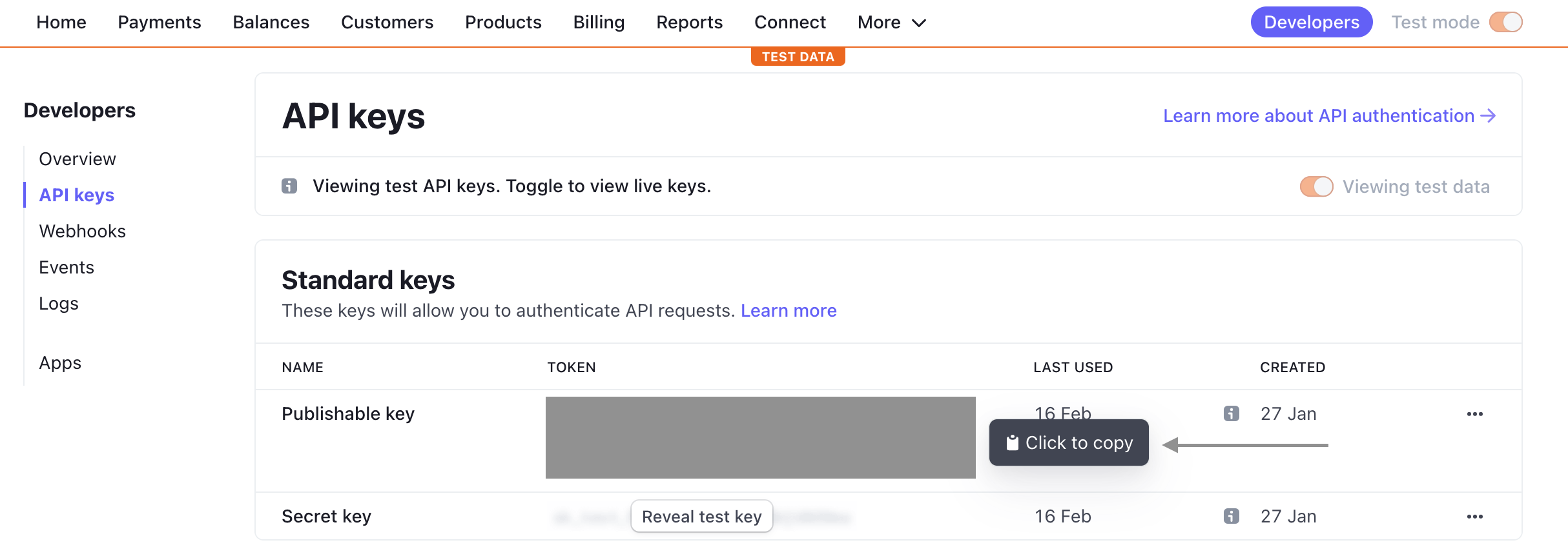 Screenshot of the API Keys screen of the Stripe dashboard. We are highlighting where you can copy the publishable key.